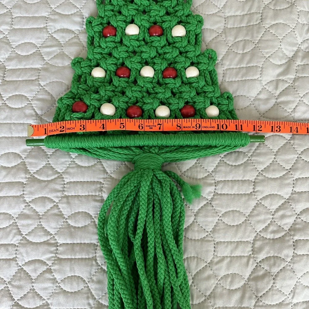 Vtg Macrame Crochet Handmade Christmas Tree Wall Hanging Large Green Red 32 X 12